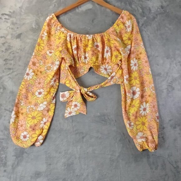 Madden NYC Floral Puff Sleeve CropTop M Y2K Retro Orange Festival Sunflower Vibe - Picture 9 of 14